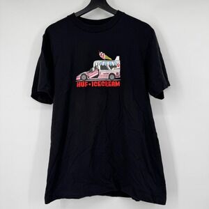 HUF x ICECREAM Men Black Graphic Fast Serve T-Shirt Ice Cream Truck Medium
